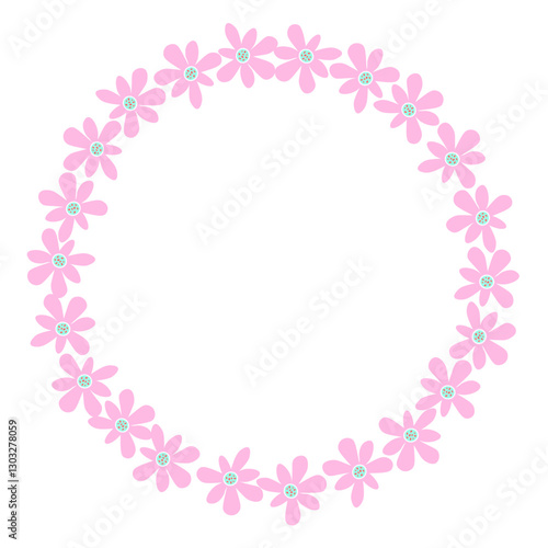 An elegant frame made of floral elements. Delicate spring colors. Round floral border consisting of  delicate green center and pink petals. Wreath of natural elements is isolated on  white background.