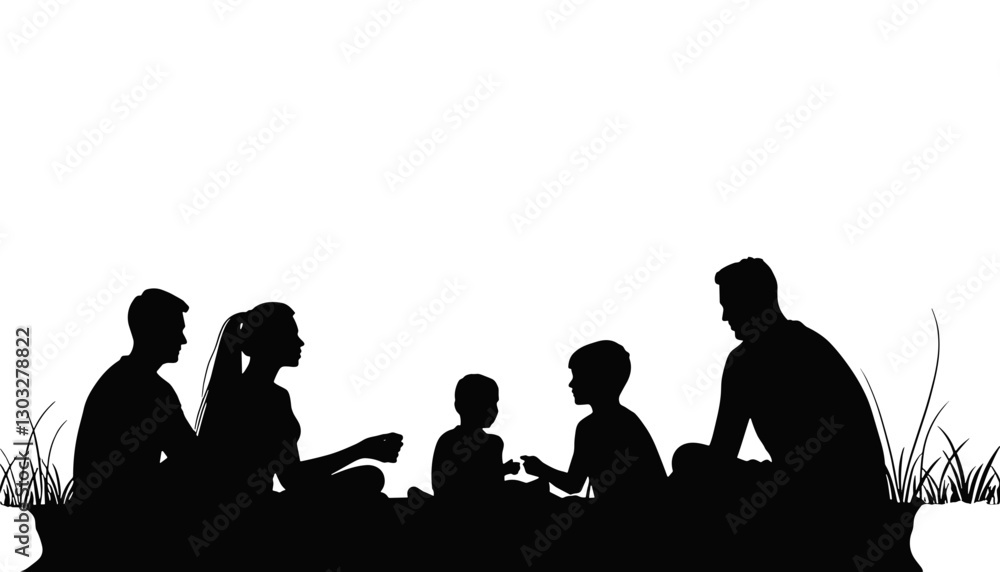 Silhouette family enjoying time together on grassy hill Silhouette family enjoying time together on grassy hill