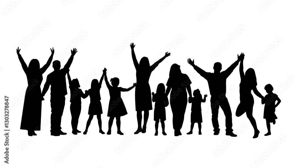Happy group of people celebrating together in silhouettes Happy group of people celebrating together in silhouettes