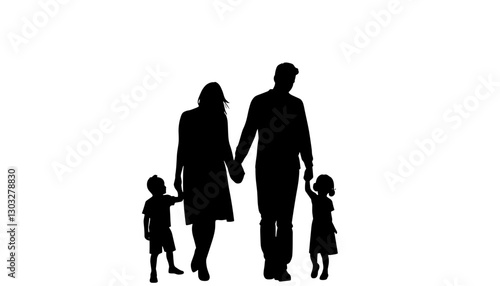 Family silhouette walking together against a white background