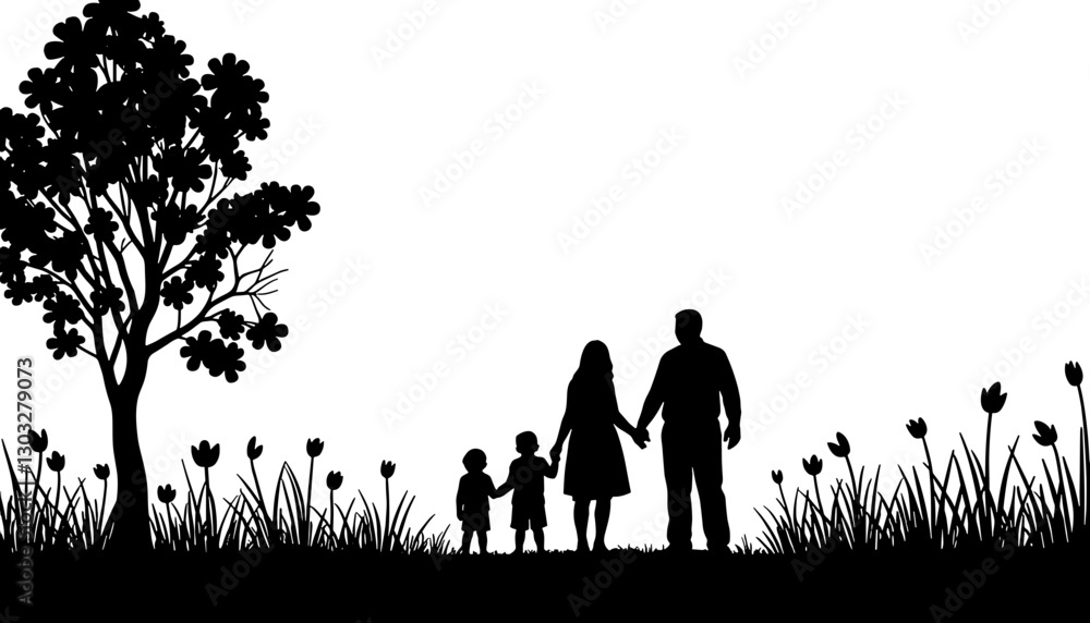 Silhouette family holding hands in a flower-filled field Silhouette family holding hands in a flower-filled field
