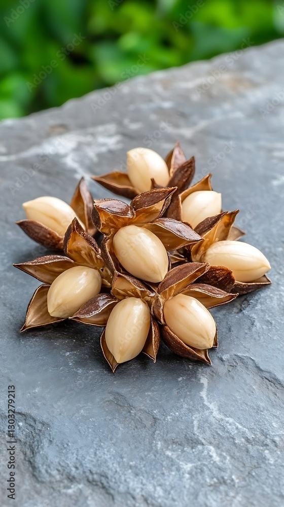 Natural Star-Shaped Seed Arrangement on Stone Surface with Green Background Blur for Organic Imagery Natural Star-Shaped Seed Arrangement on Stone Surface with Green Background Blur for Organic Imagery