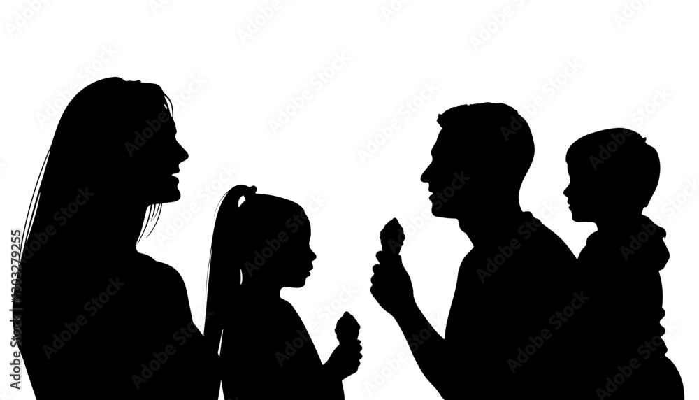 Family silhouettes enjoying ice cream against a white background