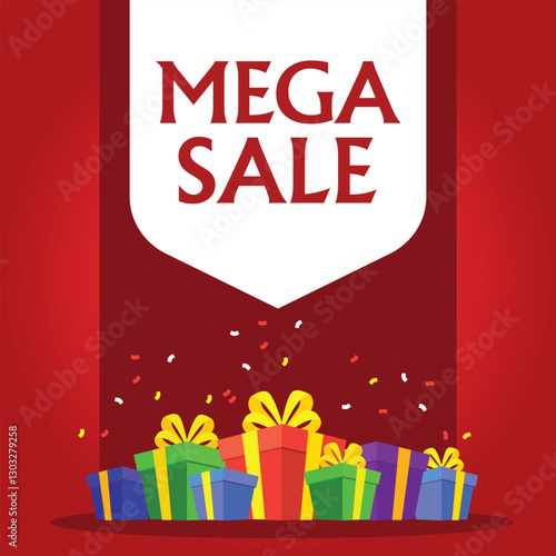 Mega Sale vector illustrations, gift boxes, offers on sale red background with confetti, blast bright colors 