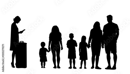 Silhouettes of family members waiting with a suitcase