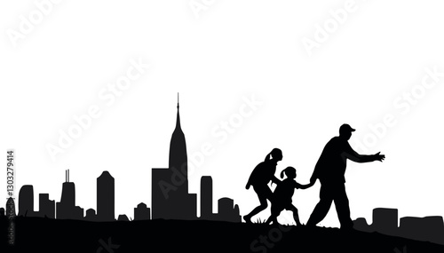 Family silhouette walking against city skyline