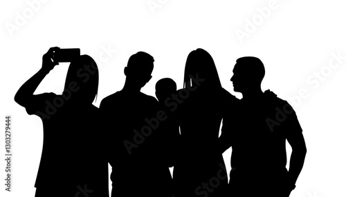 Silhouetted group of friends taking selfie against white background