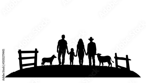 Silhouetted family holding hands with dogs on grassy hill