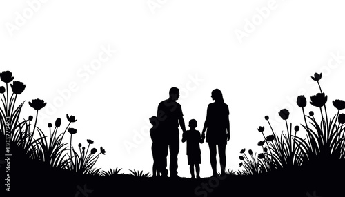 Silhouette family holding hands in flowered field