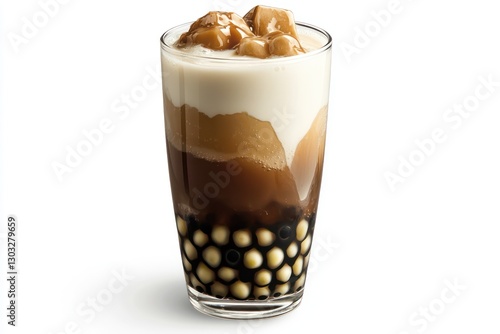 Layered bubble tea, Creamy milk foam top, Brown sugar syrup, Black tapioca pearls, Clear glass cup, Gradient layers, Smooth texture, Caramel-colored syrup, Photorealistic beverage, Soft lighting, Clos