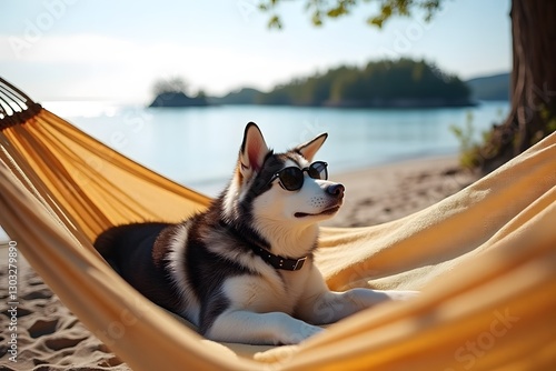 Siberian husky wearing sunglasses relaxing in a beach hammock at sunset photo