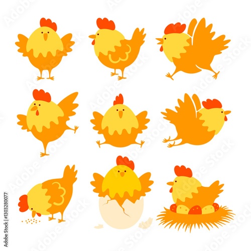 Chicken characters set. Funny cute yellow chicken with comb, wings. Flying, running, sitting in the nest, feeding, hatching from egg. Easter chicks concept. Set of isolated vector illustration