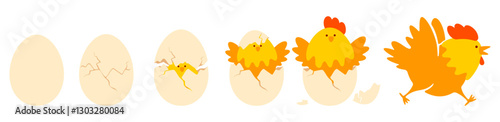 Chicken hatching stages from cracked shell to cute yellow baby chick born from an egg. Newborn little chick emergence from egg. Funny Easter chicks concept. Set of isolated vector illustration