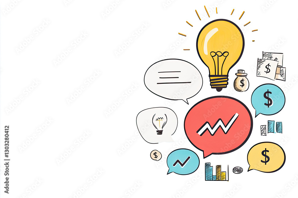 Illustration depicting ideas and analytics with light bulb, chat bubbles, dollar signs, and graphs, suitable for financial concepts.