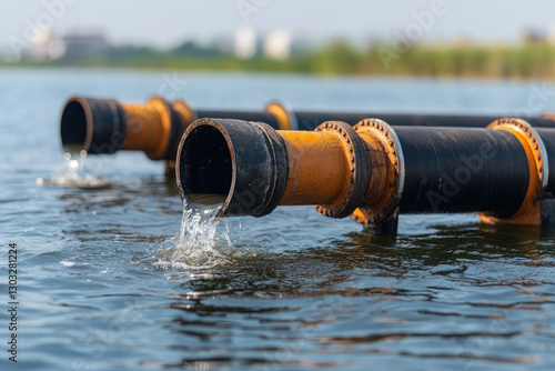 Pipes discharging water into a serene body of water, highlighting environmental concerns and industrial impacts on nature.