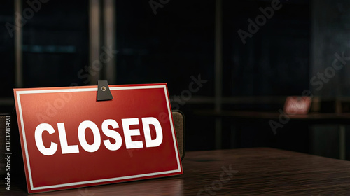 Red closed sign displayed prominently in an office setting, symbolizing a temporary halt in business operations amidst a sleek environment.