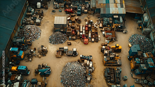 Aerial view of junkyard filled with metal scraps and machinery