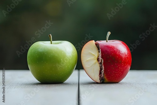 Two apples side by side, one green and one red, with the red apple cut open to show its interior, against a blurred background.