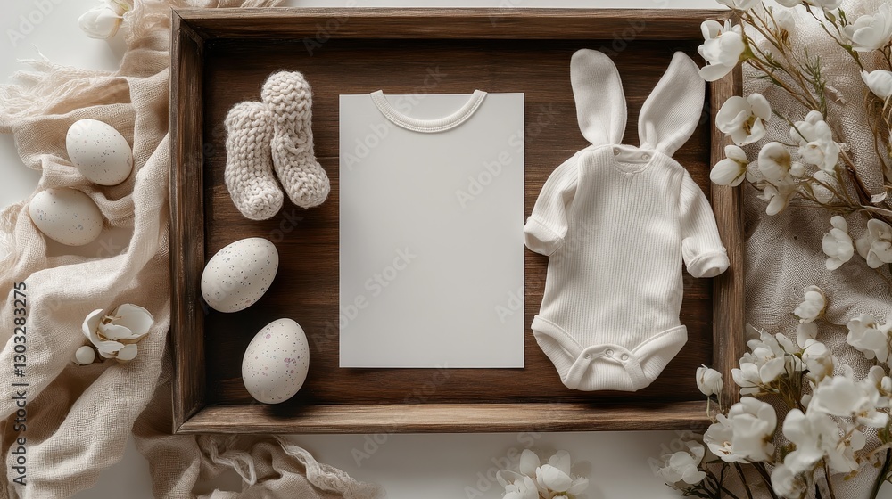 Delicate easter-themed pregnancy announcement on a rustic wooden tray with soft colors and charming details for expecting parents Delicate easter-themed pregnancy announcement on a rustic wooden tray with soft colors and charming details for expecting parents