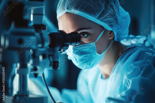 Ophthalmologist examining a patient's eyes with a slit lamp biomicroscope during a routine checkup in a modern eye clinic for precise diagnosis and treatment photo