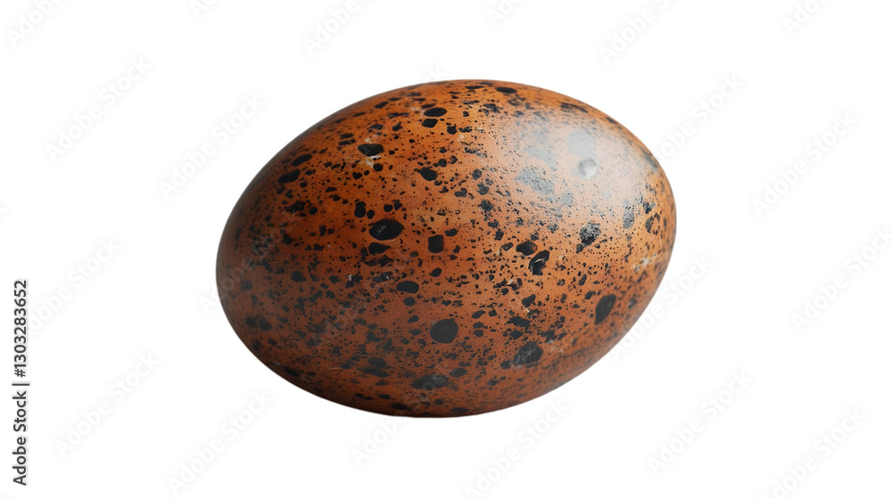Fototapeta premium Close-up of a brown speckled egg with black spots on a white background