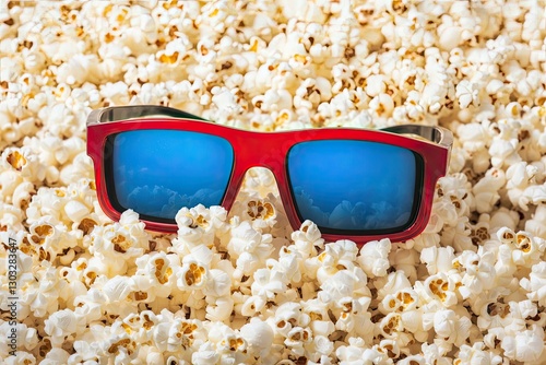 Vibrant red sunglasses resting on a bed of delicious, buttery popcorn, creating a fun and playful snack atmosphere.