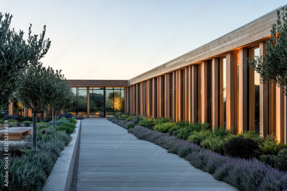 A building with timber walls, long rectangular windows, and a landscaped courtyard for gatherings A building with timber walls, long rectangular windows, and a landscaped courtyard for gatherings