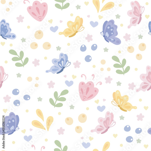 Seamless pattern with butterfly, leaves and flowers