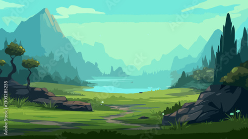 Open grassland with lake and mountains in the background