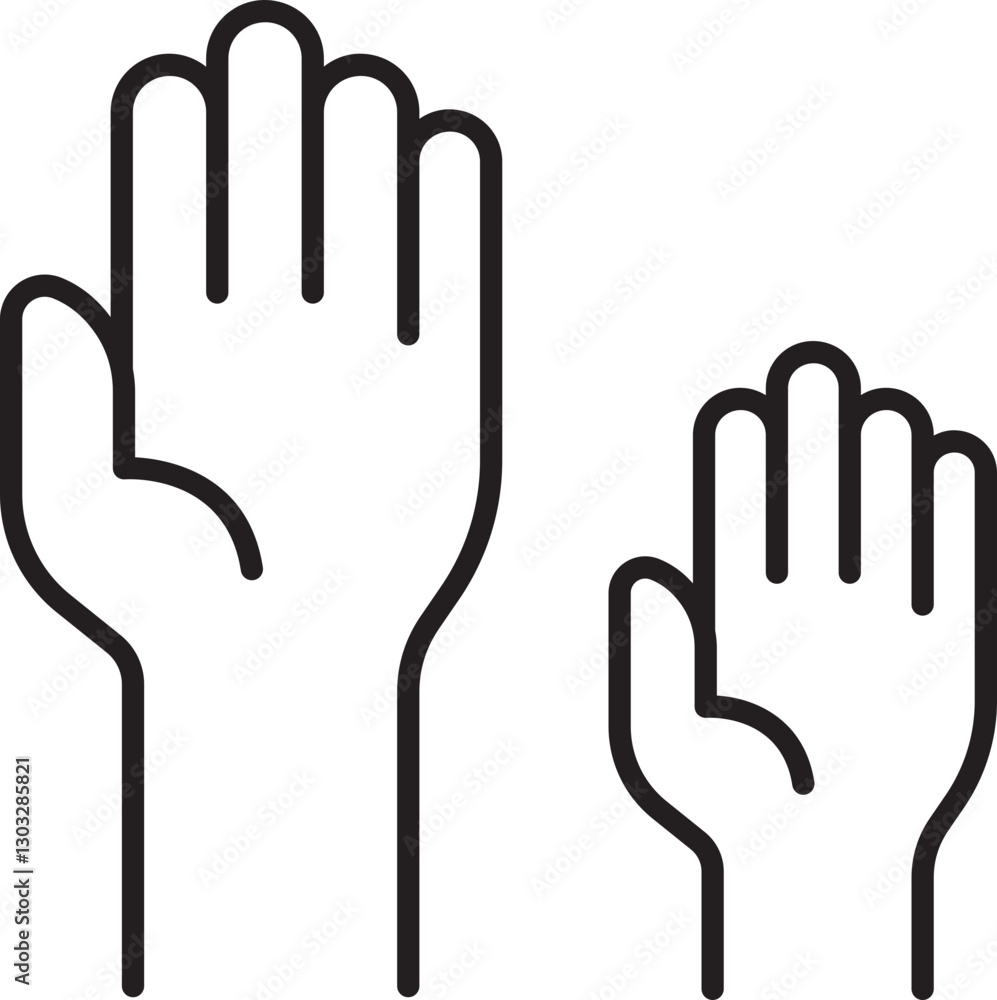 Hands of different sizes raised together line icon Hands of different sizes raised together line icon