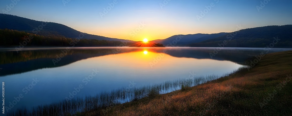 Fototapeta premium A peaceful sunrise over a mirror-like lake, reflecting the surrounding mountains.
