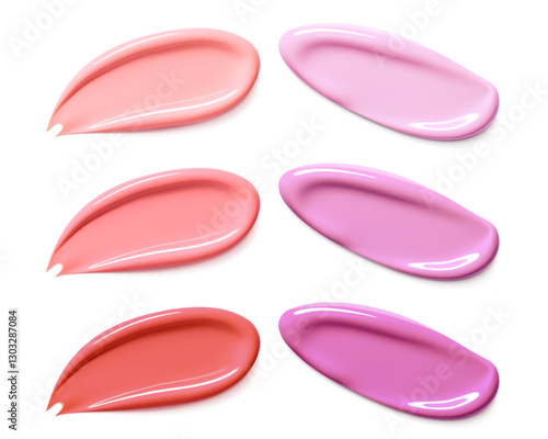 Set of red and pink smears of cosmetic product lipstick, lip gloss.Face Cosmetic, make up. Cream texture, liquid cosmetic smear. Realistic Vector
