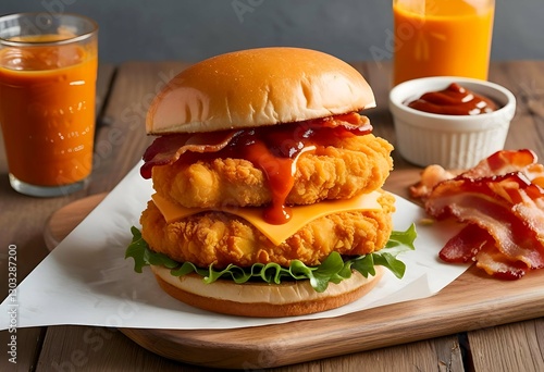 Delicious Double Chicken Sandwich with Bacon and Cheese,Mouthwatering Chicken Sandwich with Crispy Bacon,Tasty Chicken Sandwich with Bacon and Cheese