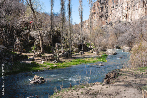 Bottom of Ihlara valley in spring; Melendiz River flowing through Ihlara valley - deep canyon with dwellings and churches carved in rock. Central Anatolia, Aksaray Province, Turkey photo