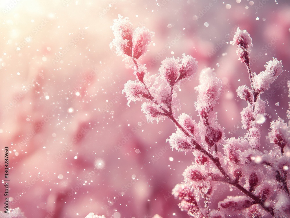 Fototapeta premium Delicate branches covered in frost glisten during a quiet snowfall in winter