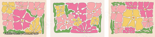 Groovy abstract flower art set. Organic doodle shapes in trendy naive retro hippie 60s 70s style. Contemporary poster and background. Floral botanic vector illustration in pink,colorful spring flowers