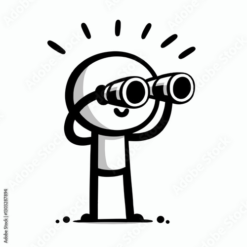 Minimalistic icon. Curious stickman observer using binoculars with inspiration from discoveries. Vector icon in flat design style, perfect for web design.