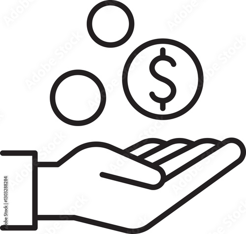 Hand holding money coins and dollar sign line icon