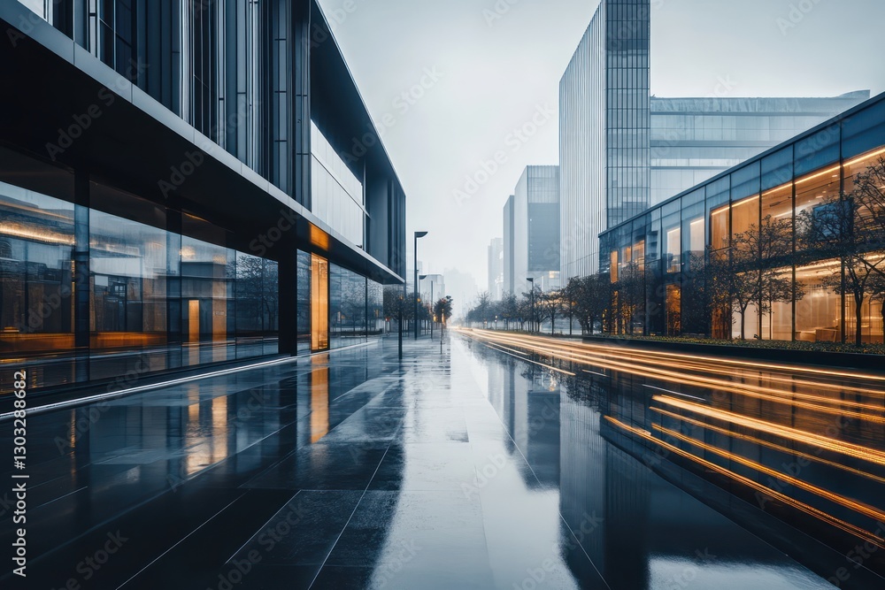Obraz premium A city street lined with modern buildings, their facades streaked with rain and sidewalks reflecting diffused light
