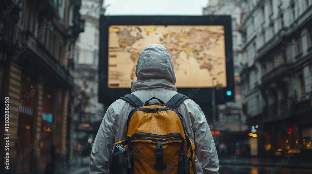 Naklejka premium man in a white raincoat and hidden face with an empty billboard on the street copy space
