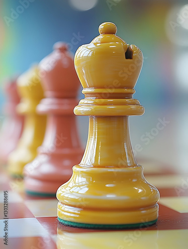 Close-up of yellow queen chess piece on board
