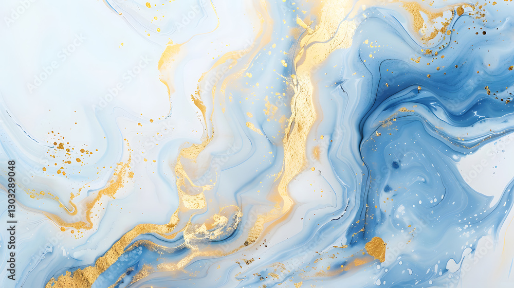 Fototapeta premium Abstract blue and gold painting with fluid shapes and artistic swirls, creating a modern and elegant composition.
