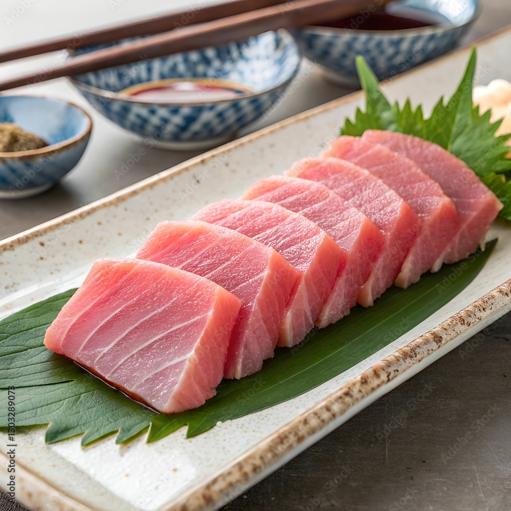 A line of raw tuna with a green leaf underneath. A line of raw tuna with a green leaf underneath.