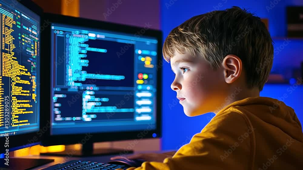 A young student delves into coding in a state-of-the-art classroom setting. A young student delves into coding in a state-of-the-art classroom setting.