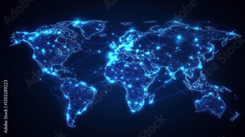 Glowing blue world map with network connections.