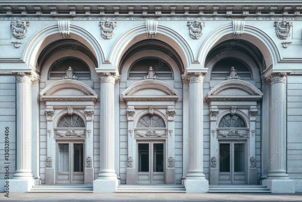 A civic building with detailed friezes, perfectly aligned columns, and round arched doorways A civic building with detailed friezes, perfectly aligned columns, and round arched doorways