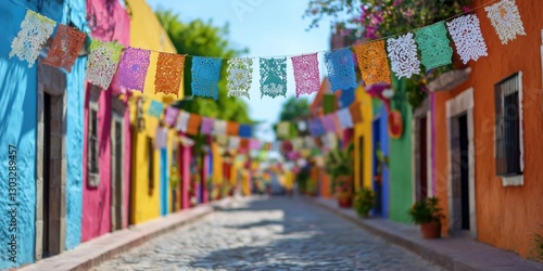 Wallpaper Mural Vibrant fiesta street decorated with papel picado colorful town festive atmosphere blurred depth view Torontodigital.ca