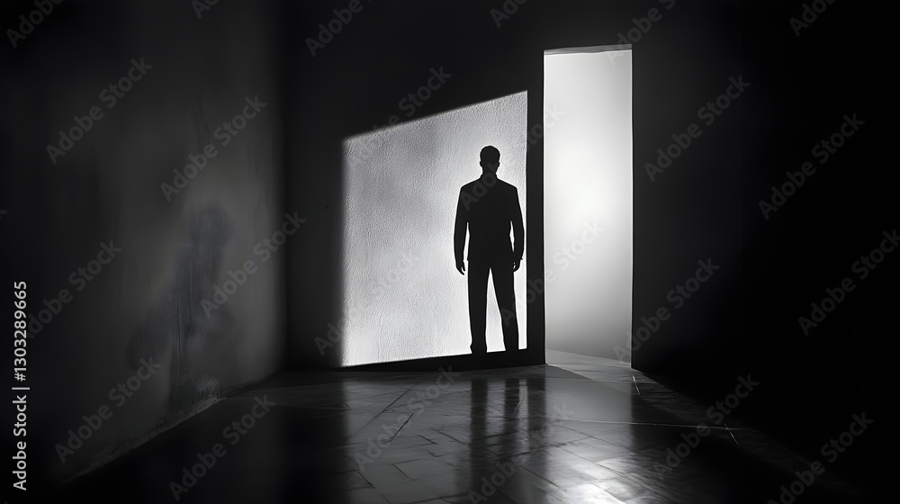 Obraz premium The enigmatic silhouette of a lone figure standing in the frame of a doorway shrouded in a dramatic contrast of light and shadow creating a sense of mystery introspection