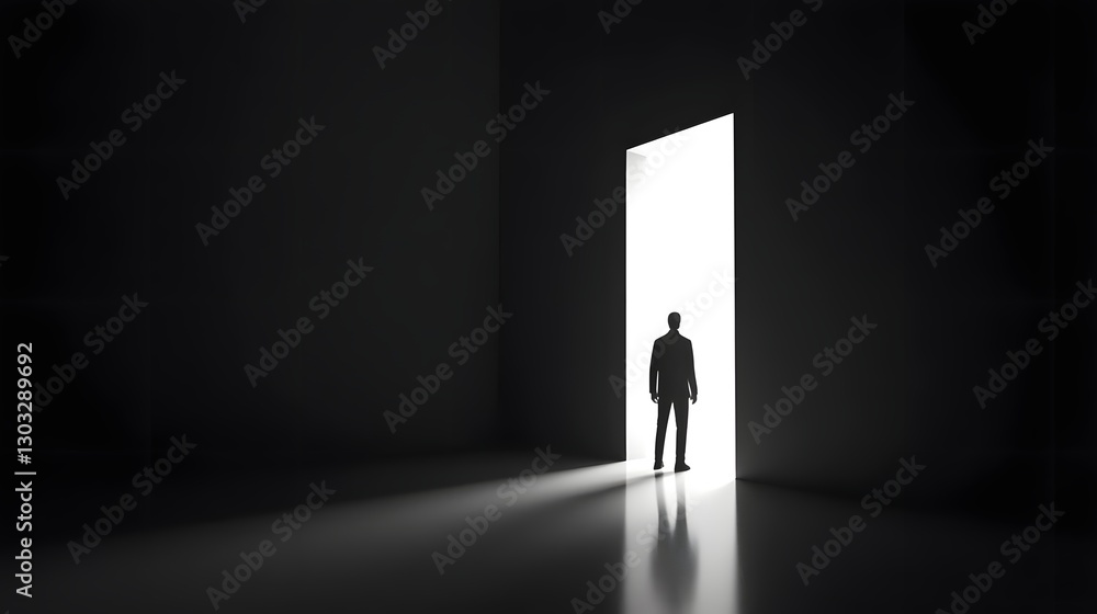 Silhouetted figure of a man standing in the doorway of a dimly lit room with a bright light shining through the opening creating a dramatic contrast and sense of mystery and potential Silhouetted figure of a man standing in the doorway of a dimly lit room with a bright light shining through the opening creating a dramatic contrast and sense of mystery and potential