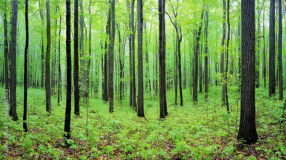 Lush Green Forest Landscape with Tall Trees and Vibrant Foliage in Natural Setting Lush Green Forest Landscape with Tall Trees and Vibrant Foliage in Natural Setting